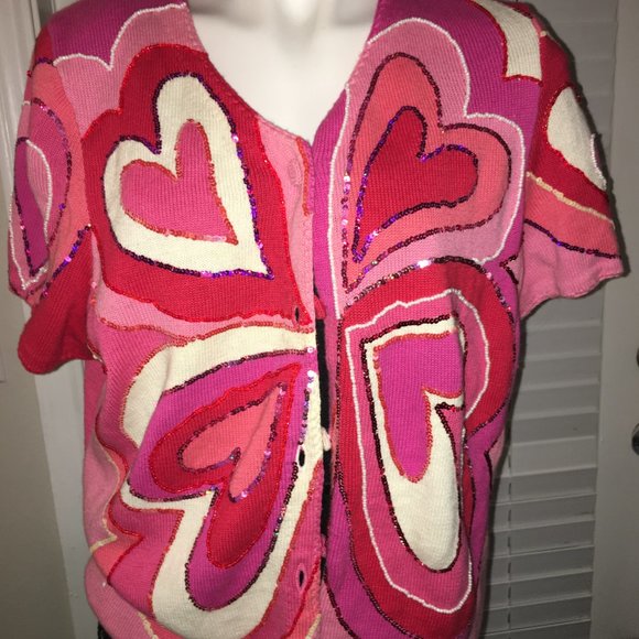 Michael Simon Heart Sweater = Hot Pink & Red Sequins ShowStopper  Sw1 - Picture 2 of 5